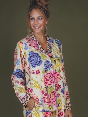 Powder Super Soft Floral Long Sleeve Summer Pajama Top in Light Yellow, Large